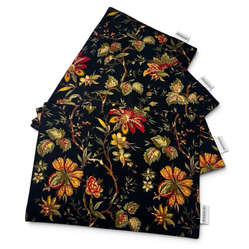 Waverly Felicite Noir Fabric Placemats SET OF 4 Black Floral Jacobean Yellow Red